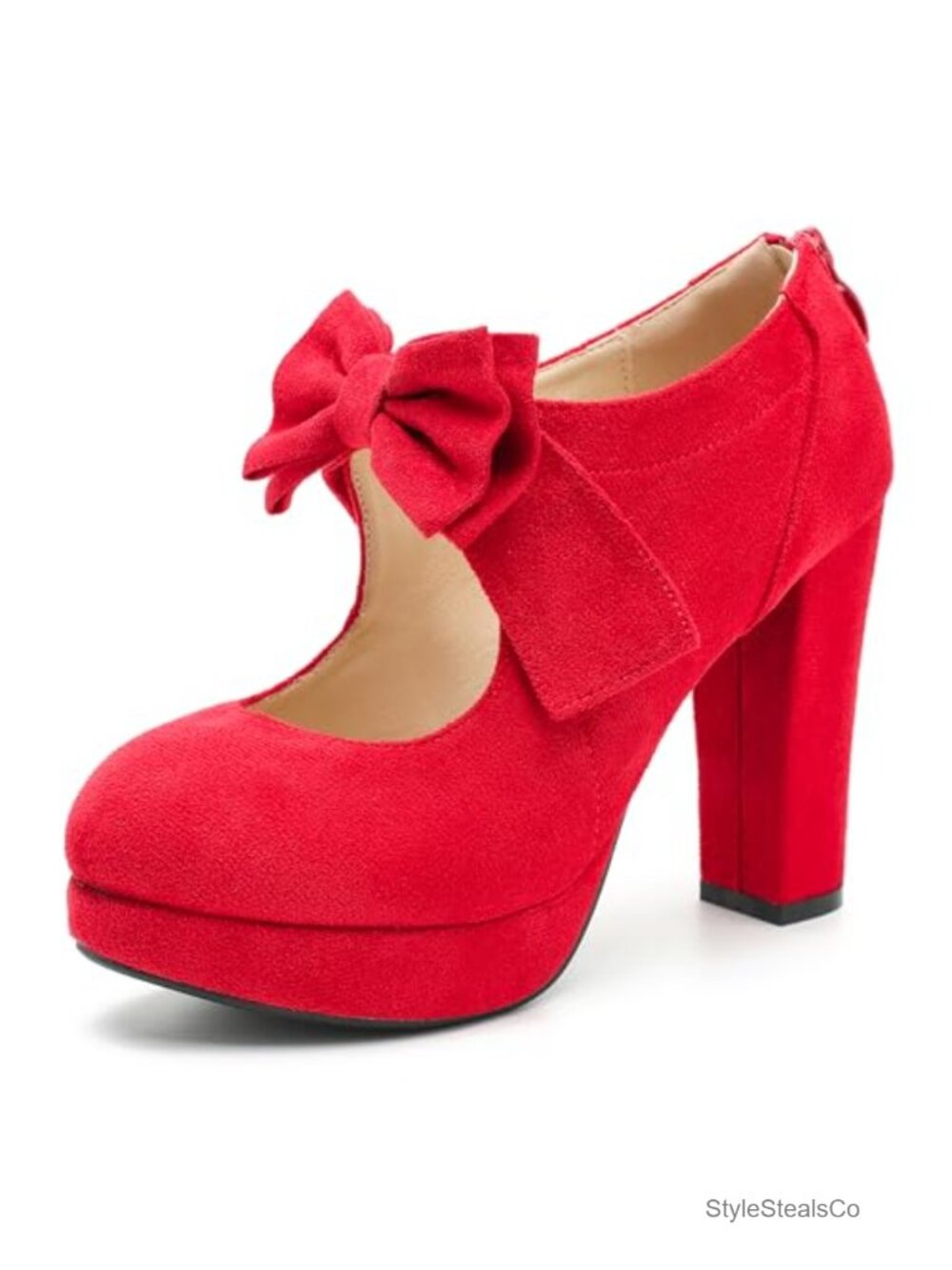 Women's Platform Mary Jane Pumps with Bow, High Block Heel, Closed Toe, Zip